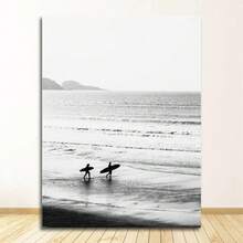 Dipinto di tema surf e , decorazione per soggiorno, cartellone surf, opera d'arte da parete del California, stampa in bianco e nero dell'oceano, tela da spiaggia, con cornice opzionale - Multicolore - Visualizzare 32
