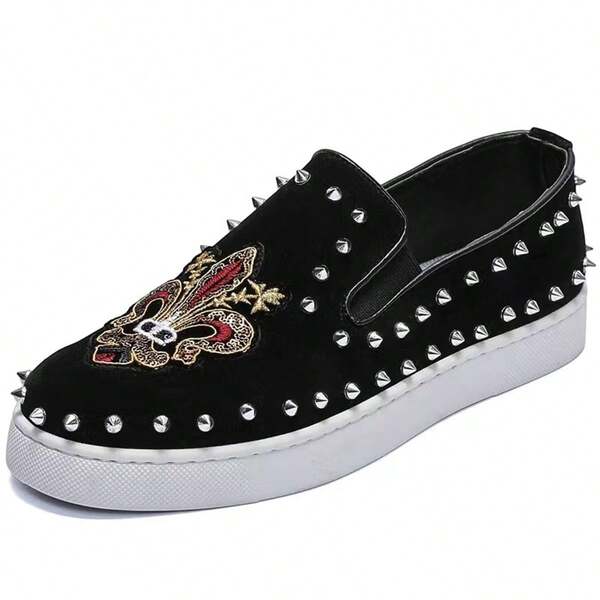 Men's Fashion Sneakers With Metal Punk Rivets Decor On Heel And Toe, Classic Black And White Color Block Style, Synthetic Leather Lightweight, Non-Slip Soft Sole, Versatile For Casual, Sports, Running, Stage Party, All Season Wear