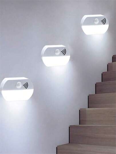 3 pièces Éclairage de nuit à détecteur de mouvement Intérieur Lumière de nuit à led avec adhésif Lumière de nuit à piles Pour couloir, escalier, salle de bain, placard, chambre (piles AAA non incluses), 1/2/3 pièces