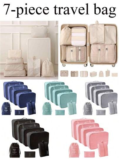 7pcs/Set Travel Organizer Set - Multi-Functional Packing Cubes, Makeup Brush Bag, Cosmetic Bag, Skincare Case, Garment Bag, Zipper Pouch, Tote Bag, Mesh Bag, Shoe Bag, Bottle Bag, Drawstring Bag, General Bag, Underwear Bag, Luggage Organizer Travel Bag Luggage Bag Duffle Bag Overnight Bag Large Capacity Durable Cruise Essentials Vacation Essentials For Men Women