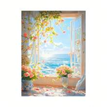 Kit da ricamo in diamanti 5D con scena di lago tranquillo - kit completo con puntini rotondi, scena di una barca e di una finestra su tela, decorazione per la casa vivace, nuovo kit di pittura di diamanti