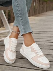 Women's Sports Casual Sneakers, Perforated Bicolor Design White Flat Sports Shoes, Soft Bottom Lightweight, Versatile Casual White Shoes