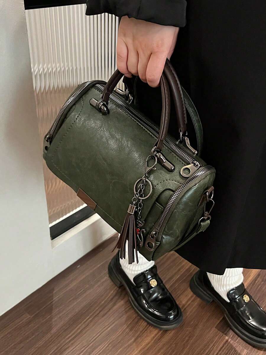 Tassel Decor Handbag, Women's Large Capacity Shoulder Bag, Fashion Zipper Crossbody Bag With Detachable Strap