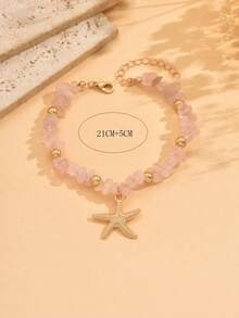 1pc Summer Beach Vacation Style Pink Turquoise Anklet, Fashion Beaded Metal Starfish Pendant Foot Jewelry, Suitable For Women's Daily Outfit, Dining And Beach Travel. The Shape And Size Of The Natural Stone Fragments Are Random And Not Fixed, Please Refer To The Actual Item Received. - Multicolor - View 4