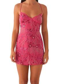 Women Mini Dress Sequins Flower Embroidery Sleeveless Cami Dress Summer Cross Backless Spaghetti Strap Dress - 玫紅色 - 查看 4