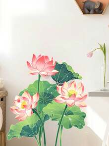 mama look 1 Pc Classic Lotus Flower, Leaf, Petal, Water Droplets Bathroom Tile, Wall Sticker, Self-Adhesive Removable PVC Wall Decal For Bathroom, Toilet - Multicolor - View 5