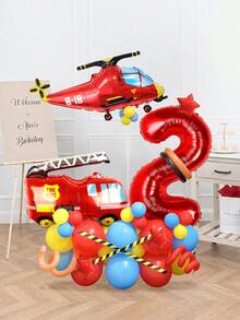 58pcs Helicopter Birthday Number Set, Including 32 Inch Red Number, Red Helicopter, Fire Truck, Star Foil Balloon And Red, Yellow, Blue Latex Balloons, Suitable For Birthday Party, Theme Party - Multicolor - View 1