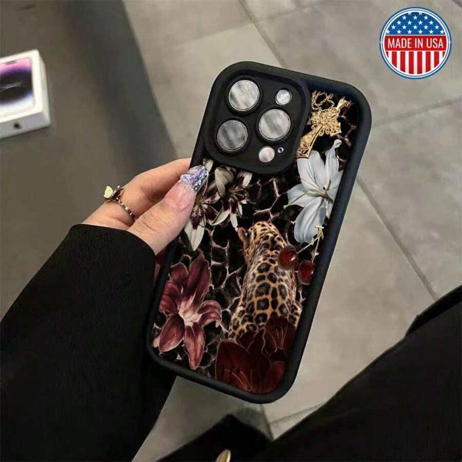 The TPU Phone Case Features A Leopard Lily Floral Design, Exuding A Vintage Elegance, And Is Compatible With Iphone 15 Pro Max, Iphone 14/13 Pro/12/11/7/5, 2P/X/Xr/Xs Max, Made With High-Quality Silicone For Full-Body Protection. - Black - View 1