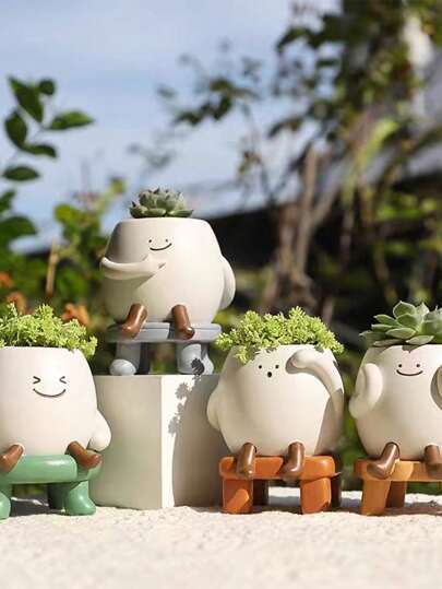1pc Glossy Swing Smiling Face Planter Pot Head, Small Hang Indoor Outdoor Plants, Schattige Flower String Of Pearls Plant Live, Happy Resin Succulent Home Vase Room Glass