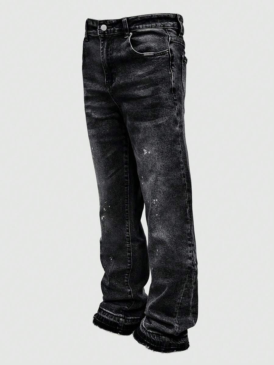 Casual High-End Minimalist Versatile Water-Washed Distressed Hem Men's Jeans, Button & Zipper Closure Slim Straight Leg Pants, Suitable For All Seasons