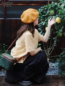 Y6Y Áo sơ mi caro dài tay ngắn kiểu Pháp thời trang dành cho nữ, mùa hè - Màu vàng - Xem 2