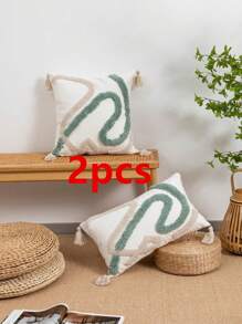 1pc/2pcs Geometric Line Pattern Plush Embroidered Decorative Pillow Cover, Cotton Twill Fabric, Nordic Style With Tassels, Suitable For Room, Living Room Sofa, Waist Cushion, Holiday, Birthday, Party, All Seasons, Without Filler, 30*50cm, 45*45cm