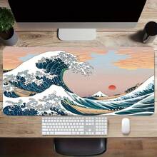 Alfombrilla de ratón con diseño de ola japonesa en blanco y negro, tapete de escritorio con borde cosido, base de goma antideslizante, 35.4x15.7 pulgadas, para el hogar, la oficina, regalo para amigos, mujeres, vuelta al colegio, alfombrilla de ratón para juegos, accesorios de escritorio, suministros de oficina
