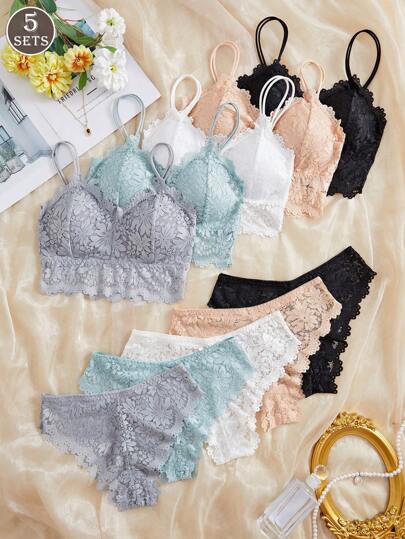 5SETS Ladies Kanten Tube Top Suspender Ondergoed Suit, Equipped Chest Pad, Anti Exposure BH Vest, Com Tafel Rimless, Thin Shoulder Strap Underwear Suit. view 2