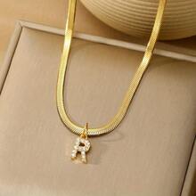 1 件 18k 鍍金鈦鋼鎖骨鏈帶英文字母吊墜嵌水鑽,適合女士日常佩戴 - 金黃色 - 查看 25