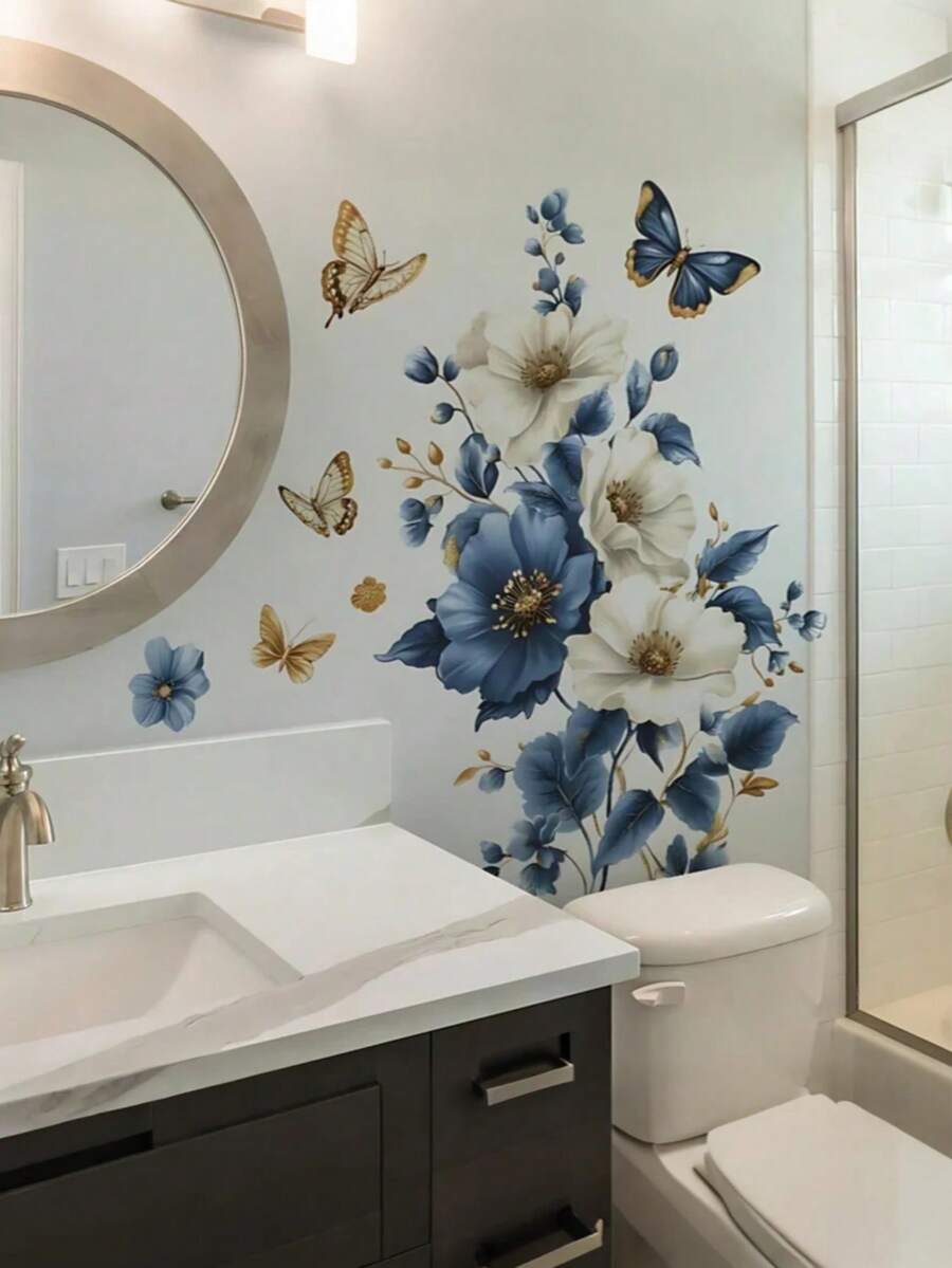 2pcs Bright 3D Blue And White Flower Wall Decals - Peel And Stick,Waterproof Decal Stickers Home Decoration Vinyl Butterfly Wall Decals For Bathroom Bedroom, Living Room, Home Decor ,Makeup Room, Can Be Given As A Graduation Gift Friend, Teens Wall Decor Room Decor Personalised Stickers Wall Stickers Wall Sticker - Multicolor - View 1