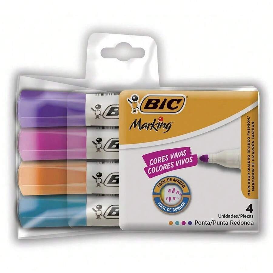 Caneta Marcador Para Quadro Branco Com 4 Cores Vivas Bic Marking Ponta Redonda - rosa,laranja,azul, roxo - Visão 1