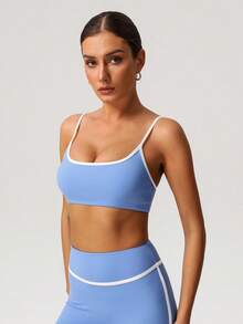 Sodalemon Women Color Block Fitness Light Support Straight Strap Yoga Sport Bra - Baby Blue - View 7