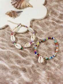 7 pièces/Set Bracelet style bohème avec coquillage et perle avec pendentif étoile de mer, Set de bracelets pour femmes (couleur de perle aléatoire)
