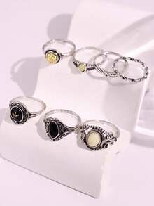 7 件套复古银色仿旧水钻镂空花朵图案金属戒指，女士首饰套装 - 彩色 - 查看 5