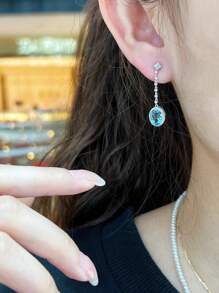 2pcs S925 Sterling Silver Original Fashionable Elegant Zirconia Aquamarine Oval Shape Tassel Pendant Earrings, Suitable For Women's Daily Wear, Festival Parties, Gifts