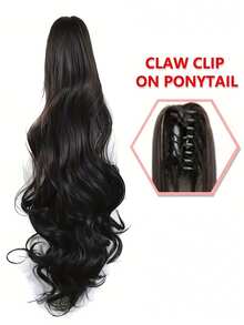 Chic Claw-Clip Ponytail Extension For Kids - Long, Curly Wave Synthetic Hairpiece, Versatile & Stylish 1pc - Natural Black - View 5