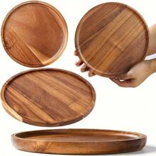 1pc Wooden Tray, Round Wood Fruit Plate, Wooden Dessert Platter, Coffee Cup Holder, Tea Cup Saucer, Multi-Functional Serving Platter, Decorative Fruit Dish, Washable Food Tray, Cake Plate, Household Cheese Plate, Creative Bread Platter, Suitable For Decorating Room And Kitchen, For Steak, Pizza, Sushi Etc.