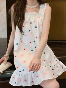 Floral Print Textured Pajama Set, Women Sweet Bow Decor Square Neck Ruffle Trim Camisole Dress - Baby Pink - View 3