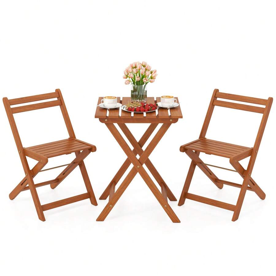 3 PCS Outdoor Wood Bistro Set W/ 2 Folding Chairs & Dining Table For Backyard - 柚木油飾面 - 查看 1
