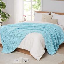 Chunky Knit Blanket - Soft Chenille Yarn Throws 40x50: Handmade Thick Cable Crochet Blanket - Large Chunky Yarn Rope Knot Throw For Couch, Sofa, Bed Home Decor - 淺藍色 - 查看 1