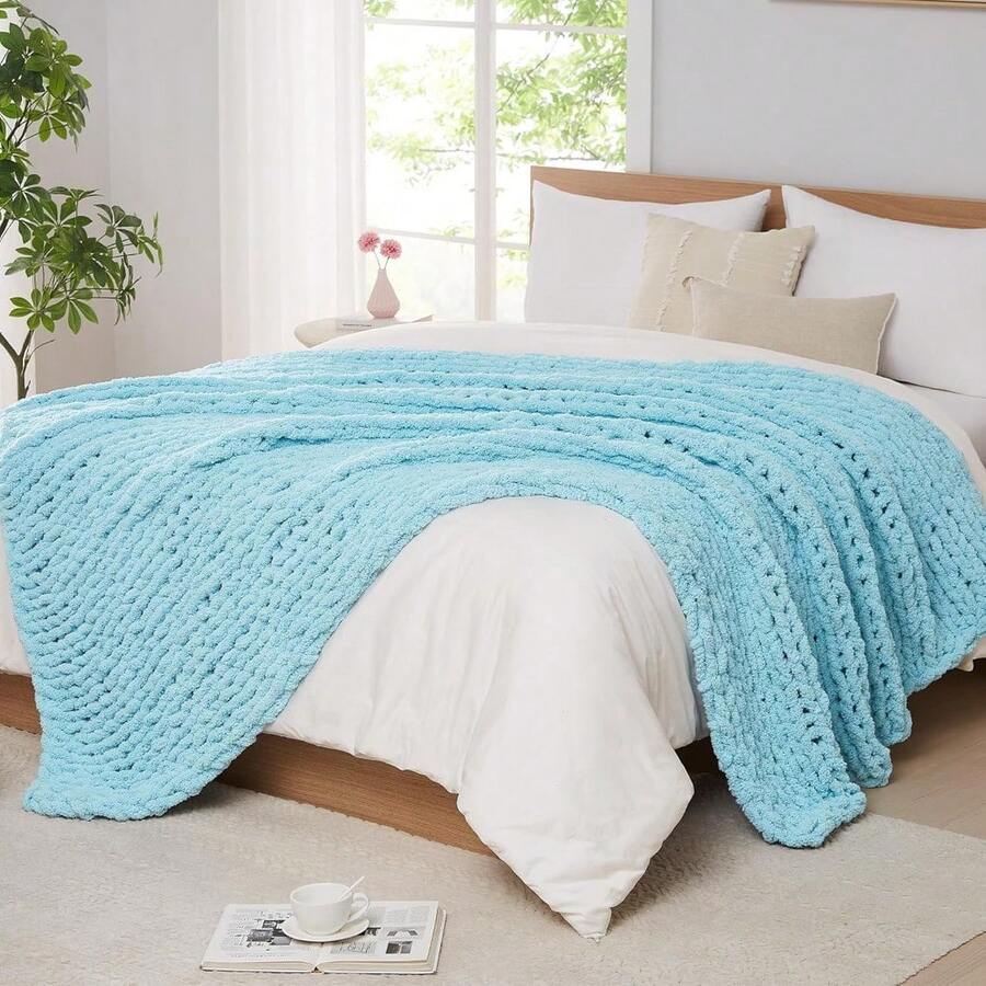 Chunky Knit Blanket - Soft Chenille Yarn Throws 40x50: Handmade Thick Cable Crochet Blanket - Large Chunky Yarn Rope Knot Throw For Couch, Sofa, Bed Home Decor - 淺藍色 - 查看 1
