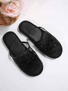 女式黑色穆勒拖鞋，带刺绣网眼细节，露背，平底，优雅休闲室内/室外透气舒适平底凉鞋 - 黑色 - 查看 7