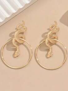 1 Pair Vintage Geometric Big Round Hoop & Snake Pendant Earrings, Exaggerated Minimalist Style
