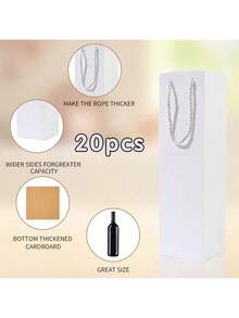 20pcs/Pack Paper Bags, Wine Gift Bags, Party Supplies Paper Bags, Thickened Cardboard Bottom, With Rope Handles, Single Bottle Wine Gift Bags, Size: 34.7cm*9.5cm*9cm, Christmas - White - View 3