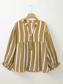 Women Casual Vacation Shirt, Retro Nostalgic Style Button Down Collared Blouse, Loose Fit, V-Neck, Ruffle Cuff, Striped Pattern, Versatile For Commute And Leisure, Spring/Summer - Yellow - View 2