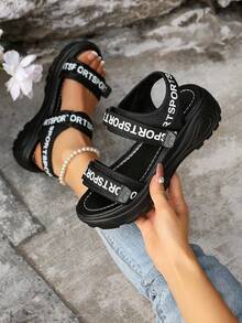休闲钩环带时尚厚底凉鞋，简约风格百搭女士凉鞋，白色或黑色，带运动绑带，适合上学、海滩