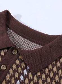 Camisa polo masculina retrô com estampa pied-de-poule de malha e manga curta