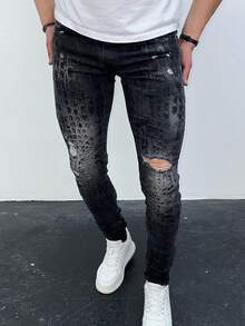 Men's Black Acid-Washed Skinny Jeans With Crocodile Texture & Ripped Detail - Black - View 8