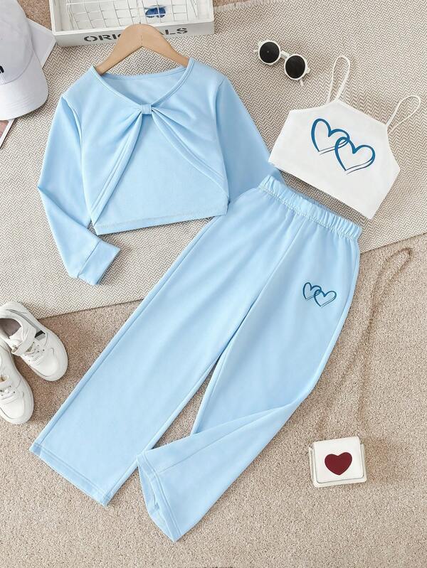 3pcs/Set Girls Outdoor Heart Print Casual Crop Top, Summer