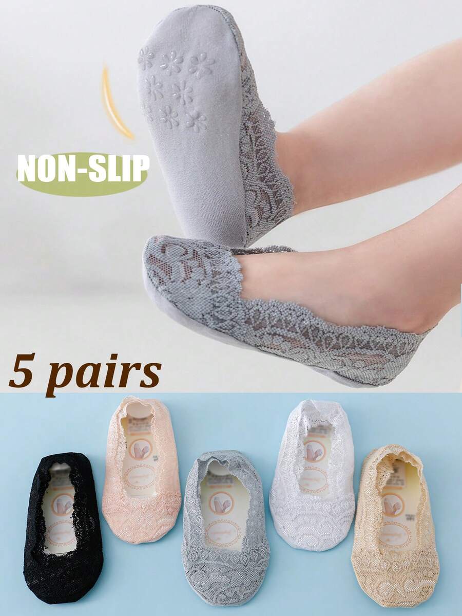 5 Pairs Girls Lace Non-Slip Liner Socks, Suitable For Summer - Multicolor - View 1