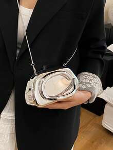 1pc Minimalist Casual Retro Elegant Handbag, Chain Shoulder Crossbody Bag For Party, Sophisticated Compact Purse - Silver - View 8