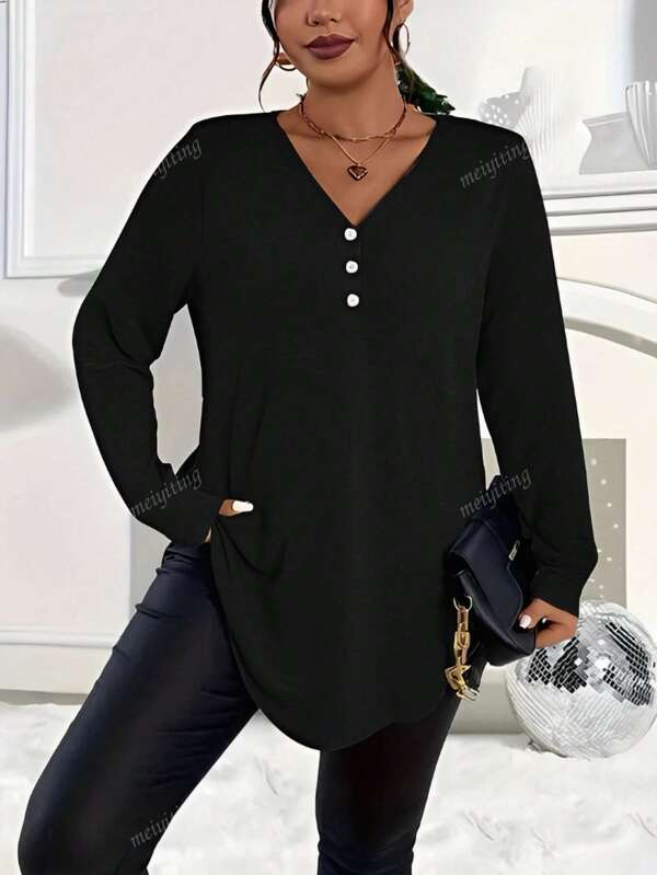 New Elegant Solid Color Button Decor V-Neck Plus Size Long Sleeve Top