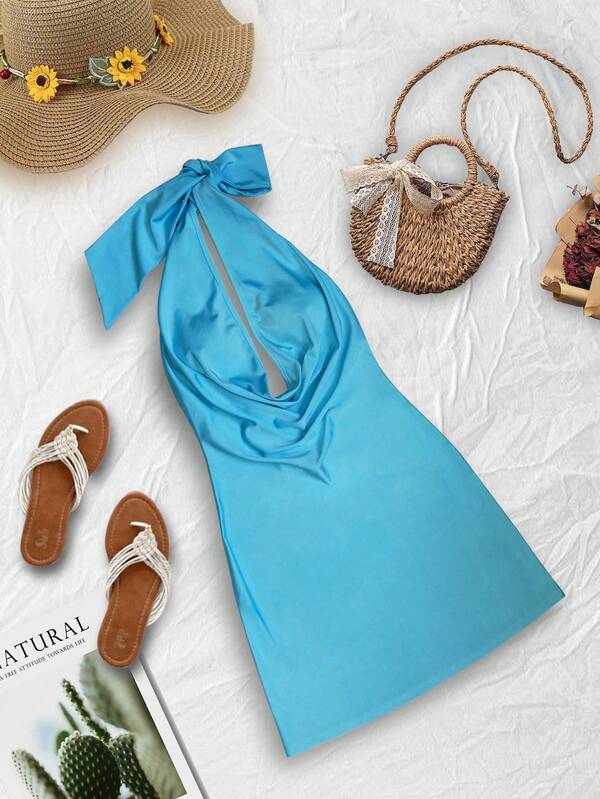 فستان قصير بدون ظهر وربطة عنق لارتداء على الشاطئ ، ملابس الربيع/الصيف للأجازات