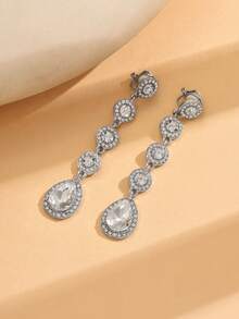 1 par de pendientes de clip con forma de lágrima con incrustaciones de rhinestone, adecuados para uso diario y fiestas para mujeres - Plateado - Ver 4