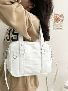 Minimalist Solid Color PU Leather Tote Bag For Women, Simple Fashion OL Commuter Handbag With Large Capacity, Shoulder Bag - White - View 6