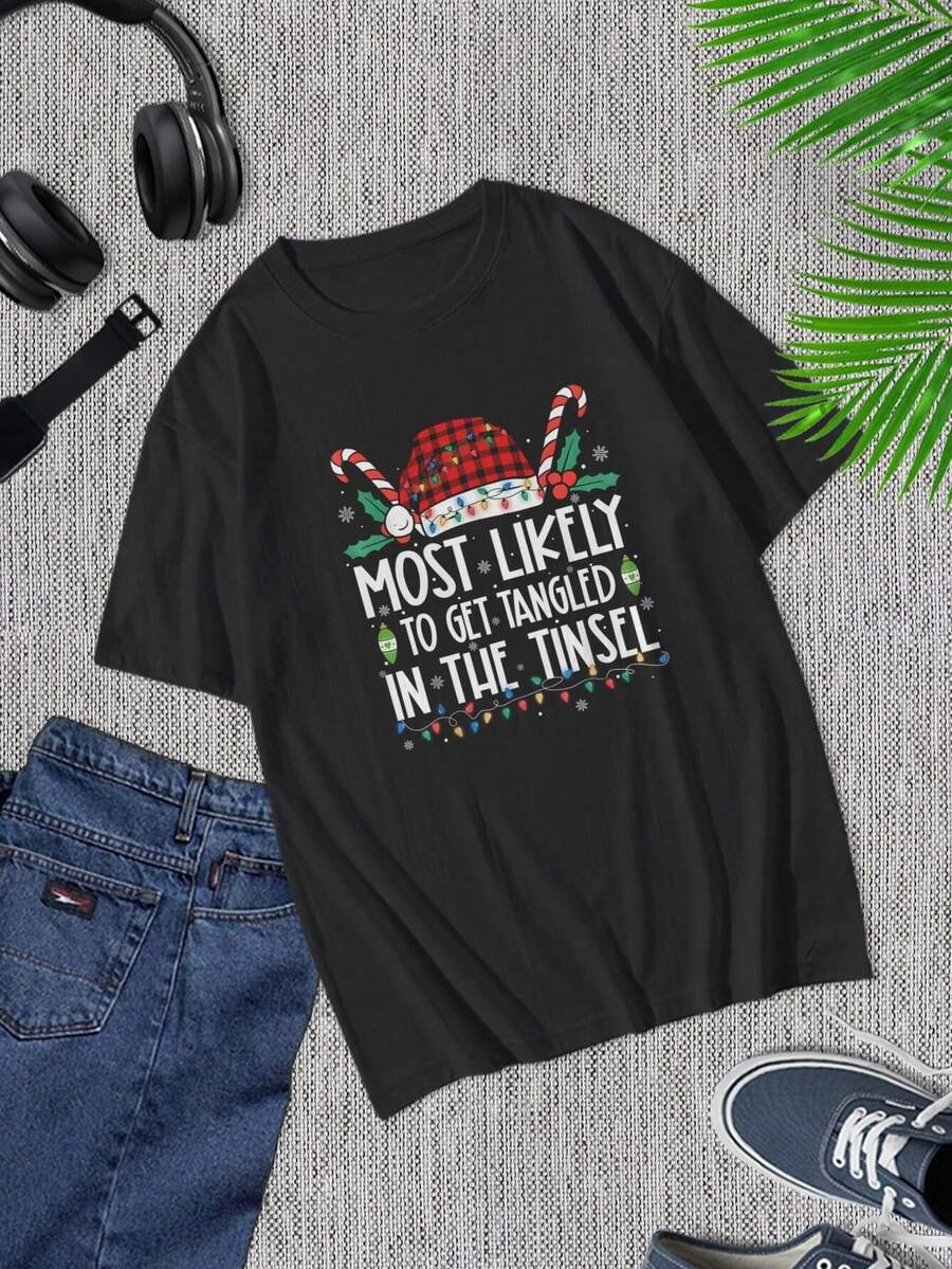 Camiseta divertida de oropel navideño - Camisetas a juego para familias festivas. Regalo festivo para hombres y mujeres - Negro - Ver 1