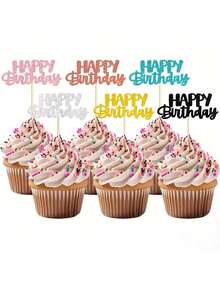 10 件多色生日快乐蛋糕装饰签，金色闪光生日快乐蛋糕食物水果签，适用于生日派对装饰用品、甜点桌装饰用品、蛋糕装饰用品、烘焙装饰用品、派对装饰用品