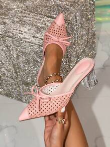 Women's Pointed Toe High Heel Sandals, Woven Perforated Sandals With Bow Decor, Transparent Crystal Heel, Rhombic Lattice Bow Solid Color Preppy Style Elegant Basic Outdoor Beach Party Wedding Sexy Sandals, PU Leather Hollow-Out Asymmetric/Irregular Perforated High Heel Sandals, Suitable For Beach, Wedding, Party, Office, Home, Outdoor, All Seasons