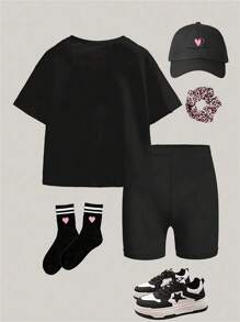 Young Girl Cartoon Graphic Print Short Sleeve T-Shirt And Bike Shorts Set