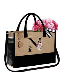 1 set, Bolso de mano tipo tote con estampado de flores con inicial A y correas para el hombro & Set de bolsas de maquillaje con iniciales de la A a la Z, bolso de regalo personalizado con bolsillos laterales, bolso de playa con pañuelo, bolsos de almacenamiento portátiles y de ocio, bolsas de compras multifuncionales, bolsa de almacenamiento simple para viajes